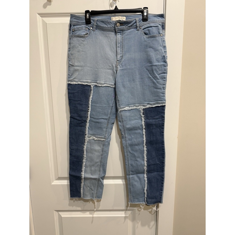 Womens Size‎ 14 High Rise Patchwork Jeans Color Block Raw Hem Cropped Denim